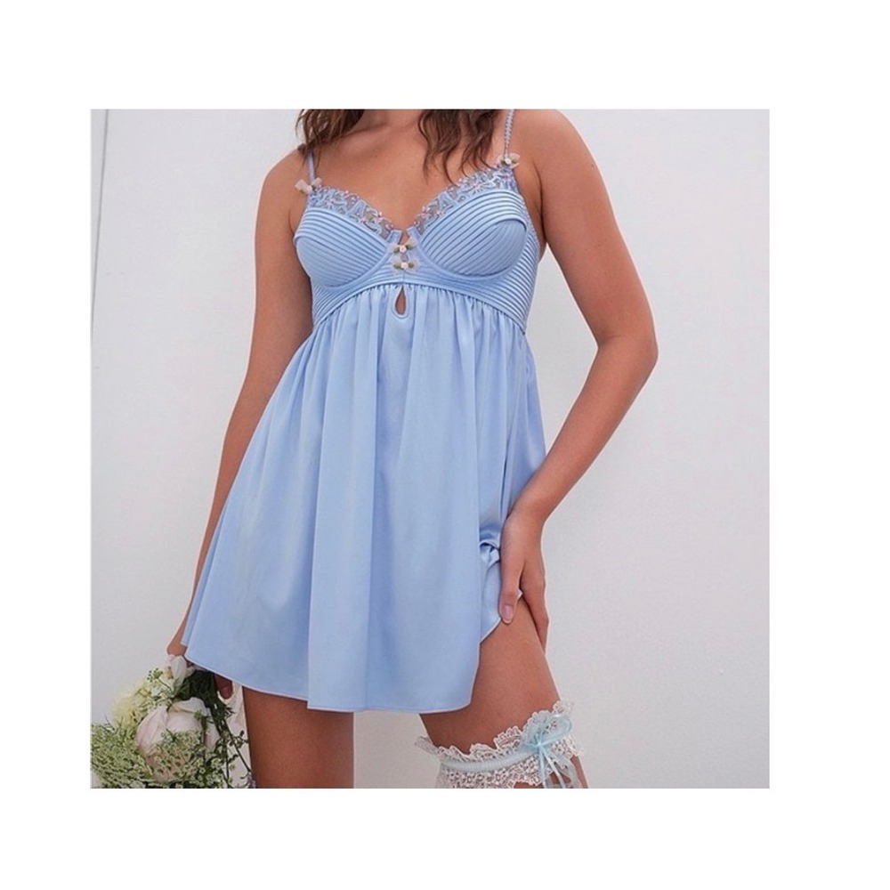 For Love & Lemons Blue Floral Embroidered Babydoll Coquette Slip Dress XXS